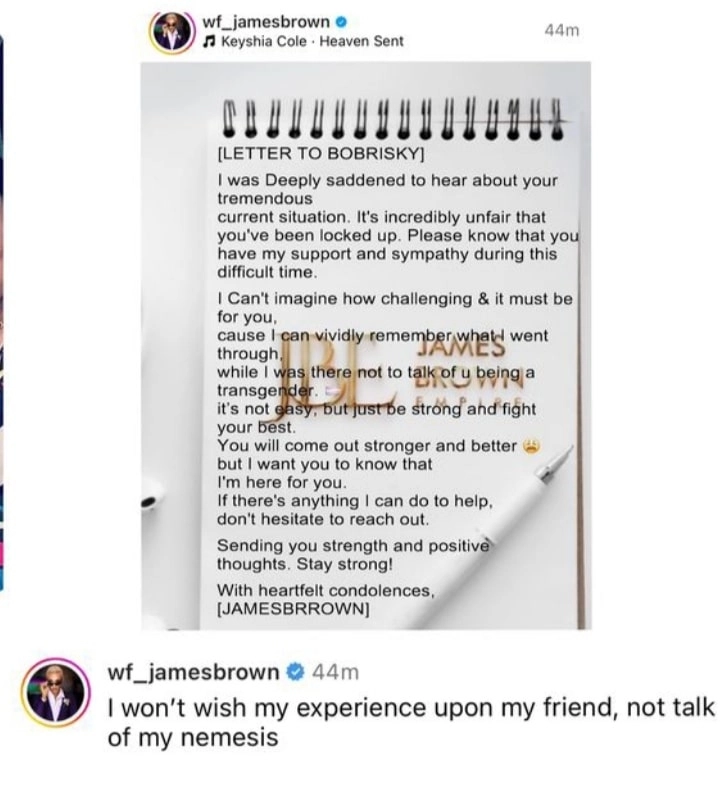 Shameless James Brown pens solidarity message to Bobrisky