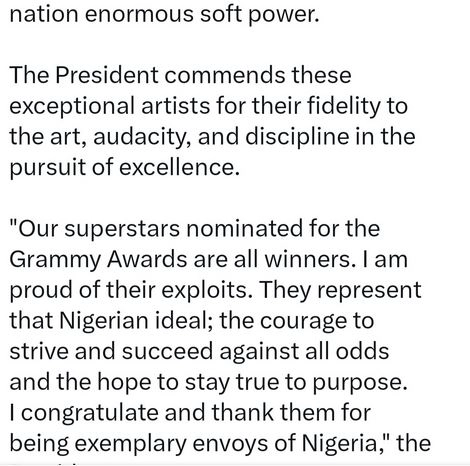 We Are Proud Of You - President Tinubu Encourages Nigerian Grammy Nominees After Loss At The Award Ceremony