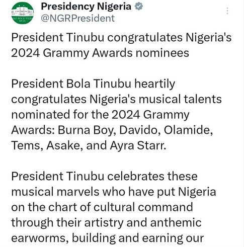 We Are Proud Of You - President Tinubu Encourages Nigerian Grammy Nominees After Loss At The Award Ceremony